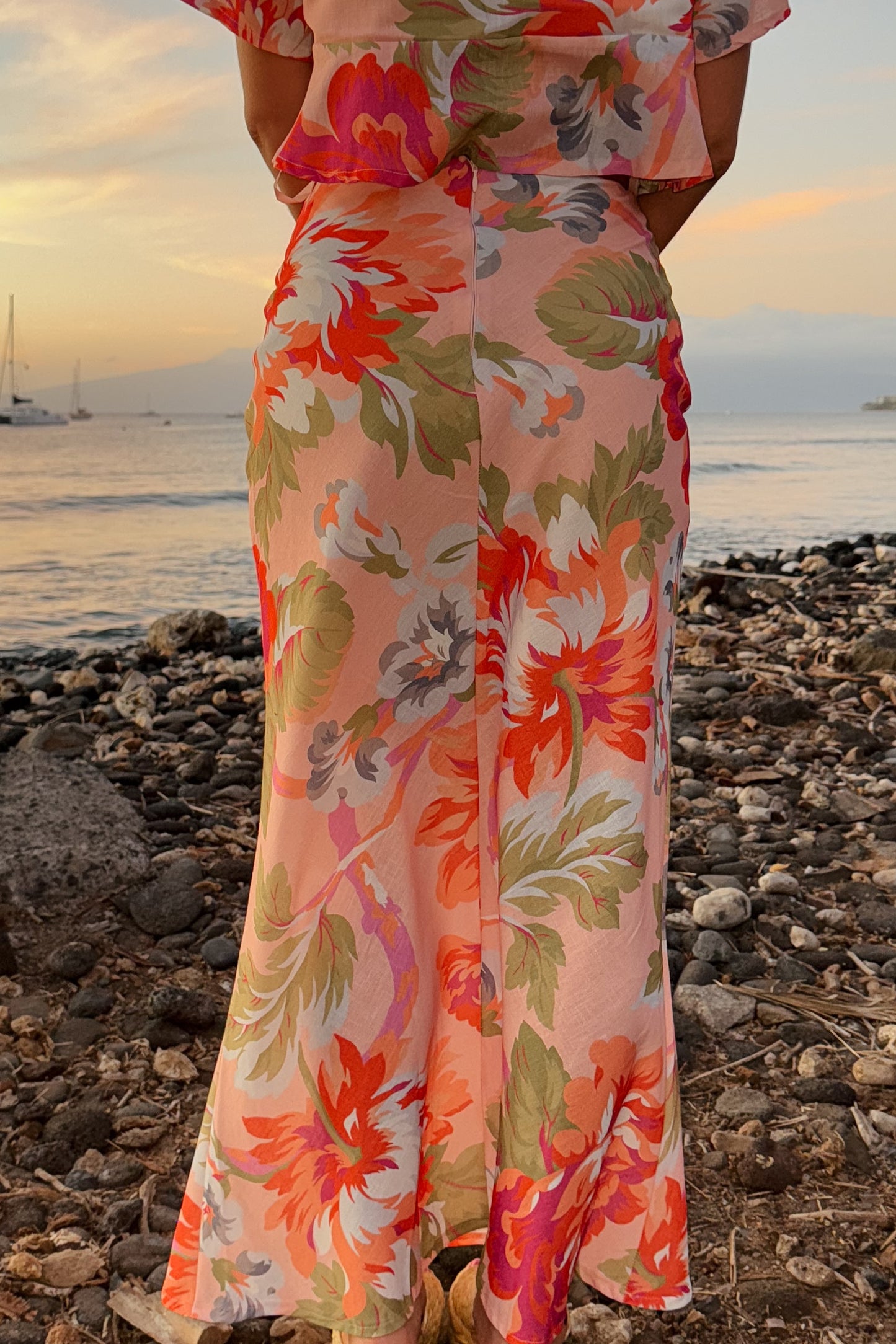 Hawaiian Floral Pink and Coral Maxi Skirt and Tie Top Set