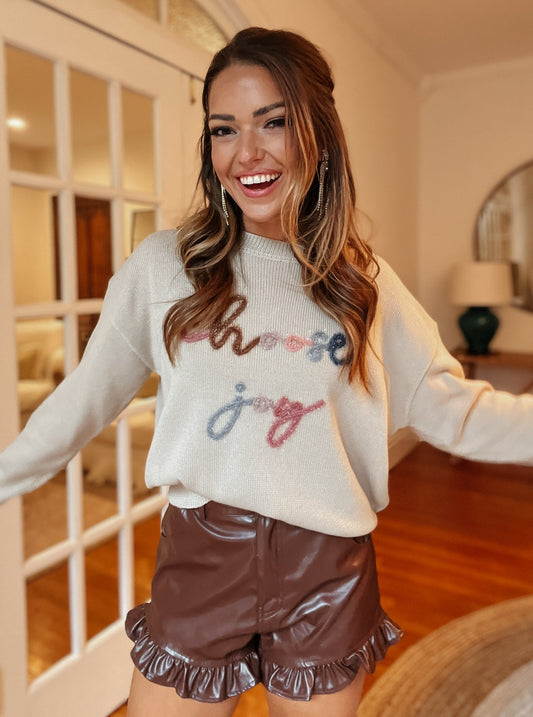 Rory "Choose Joy" Stitched Taupe Sweater