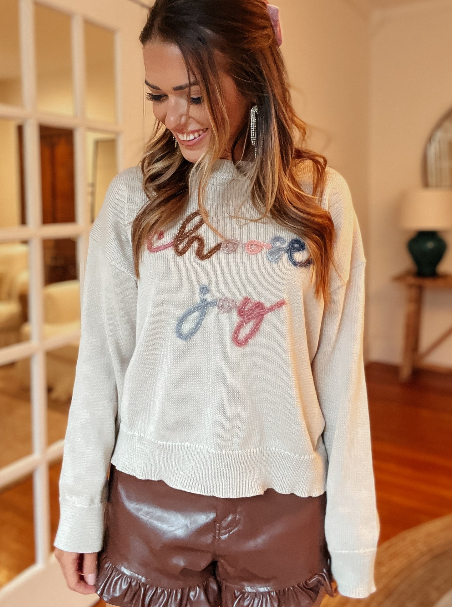 Rory "Choose Joy" Stitched Taupe Sweater