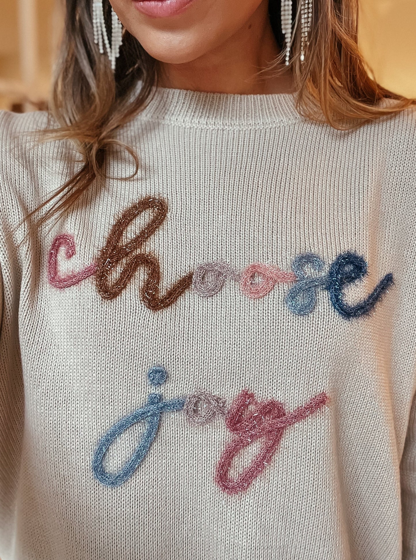Rory "Choose Joy" Stitched Taupe Sweater