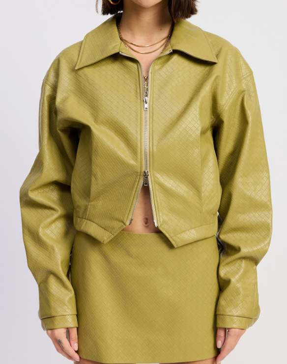 Chartreuse Cropped Jacket With Collar And Zipper