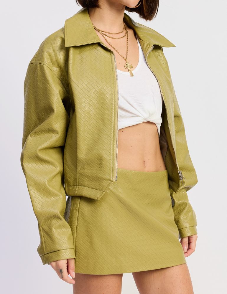 Chartreuse Cropped Jacket With Collar And Zipper