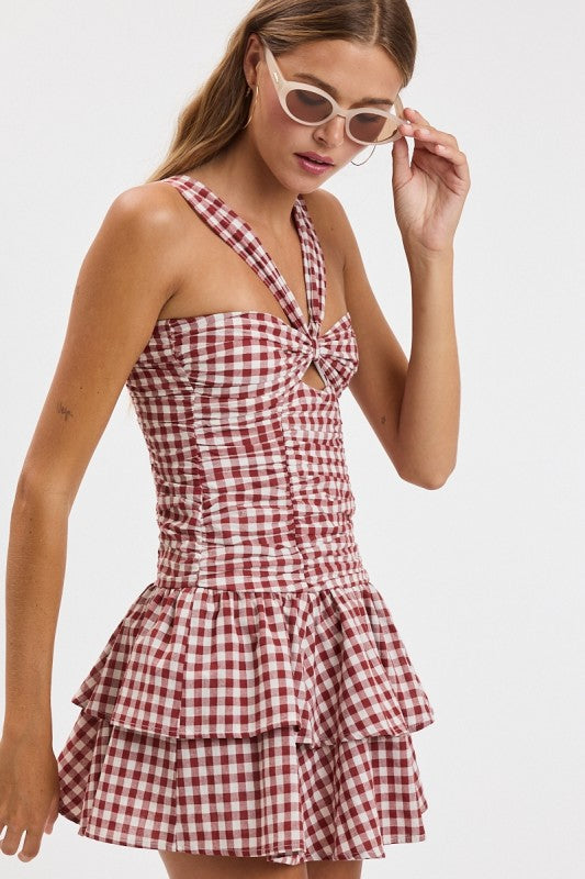 Kacey Maroon Gingham Mini Dress