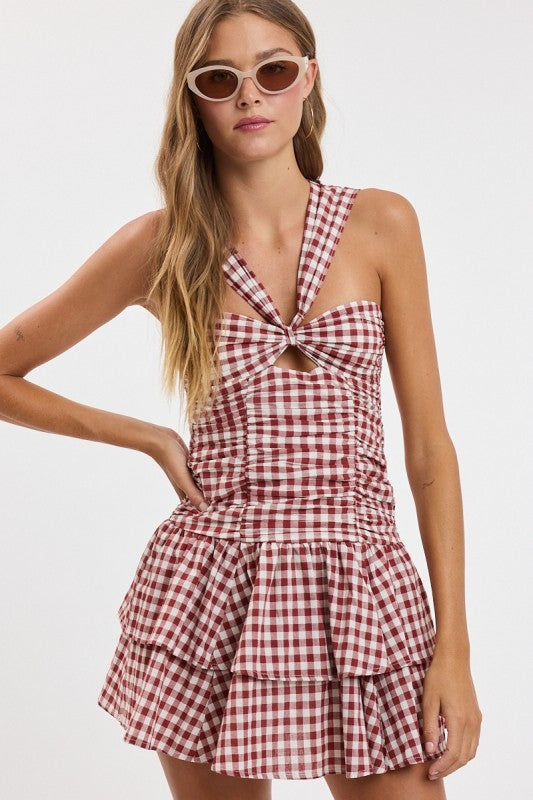 Kacey Maroon Gingham Mini Dress