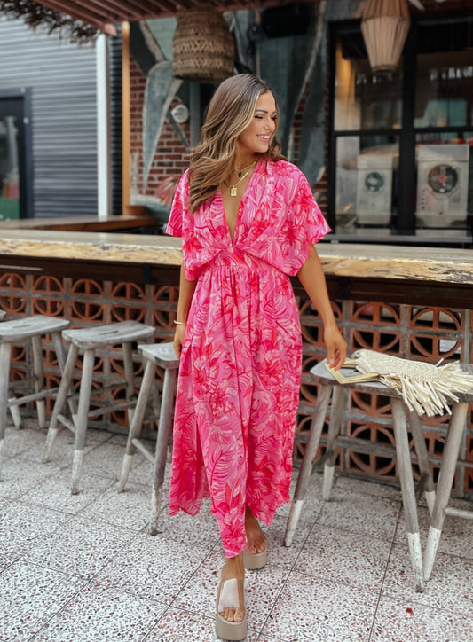 Lanai Luau Deep-V Pink Maxi Dress