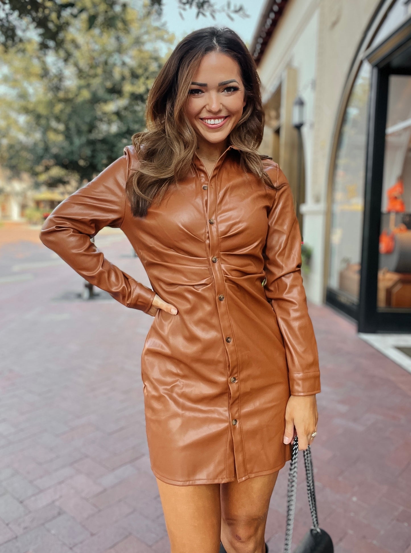 Layton Ruched Leather Camel Dress
