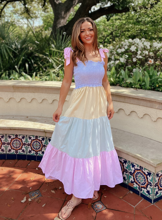 Seer Pastel Smocked Striped Bow-Tie Midi Dress