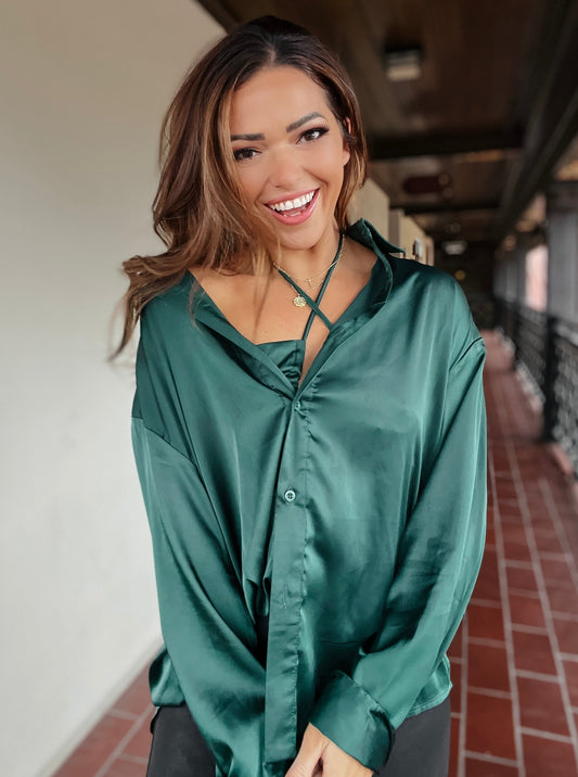 Emerald Satin Button Down Shirt Set