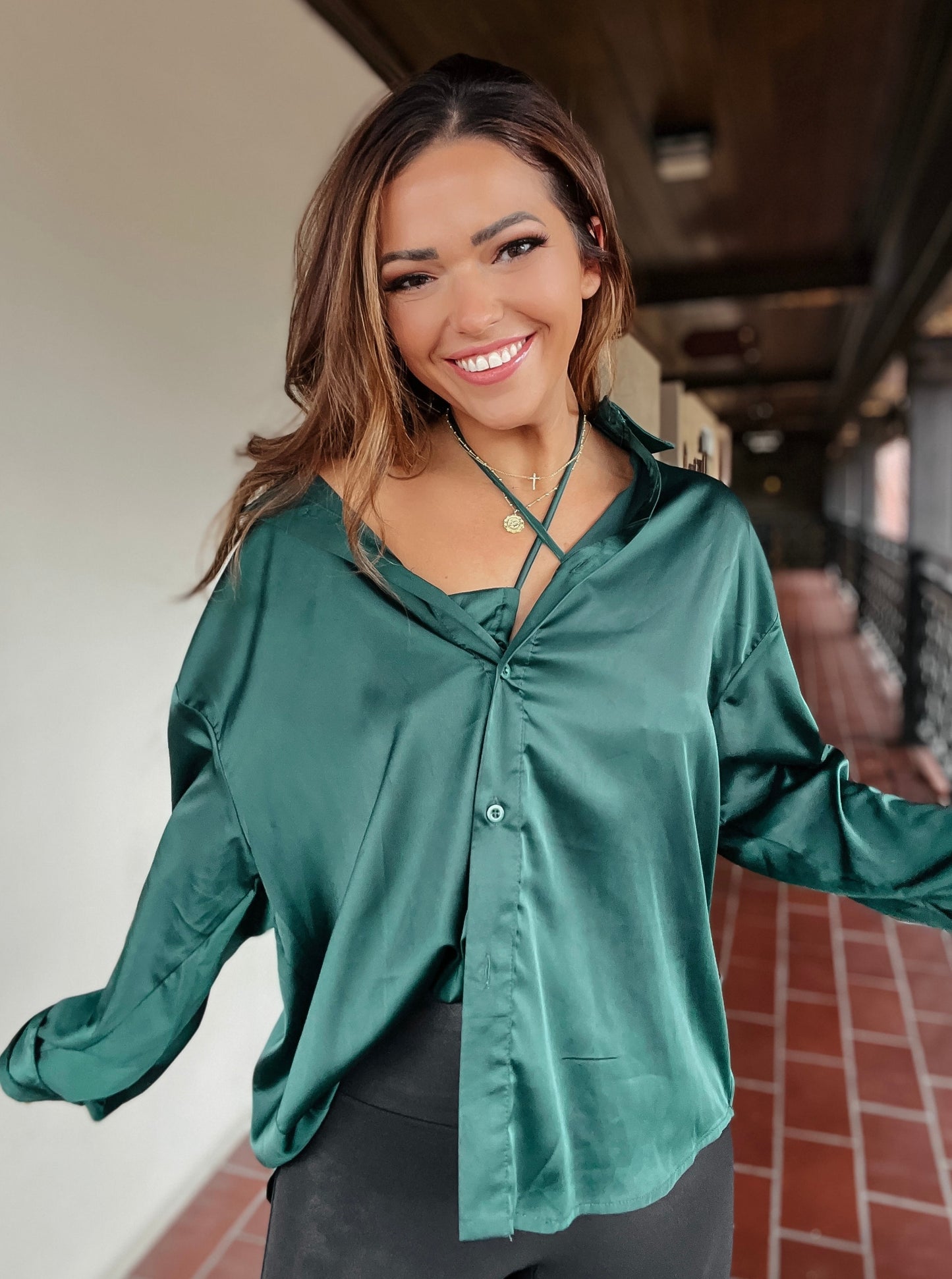 Emerald Satin Button Down Shirt Set