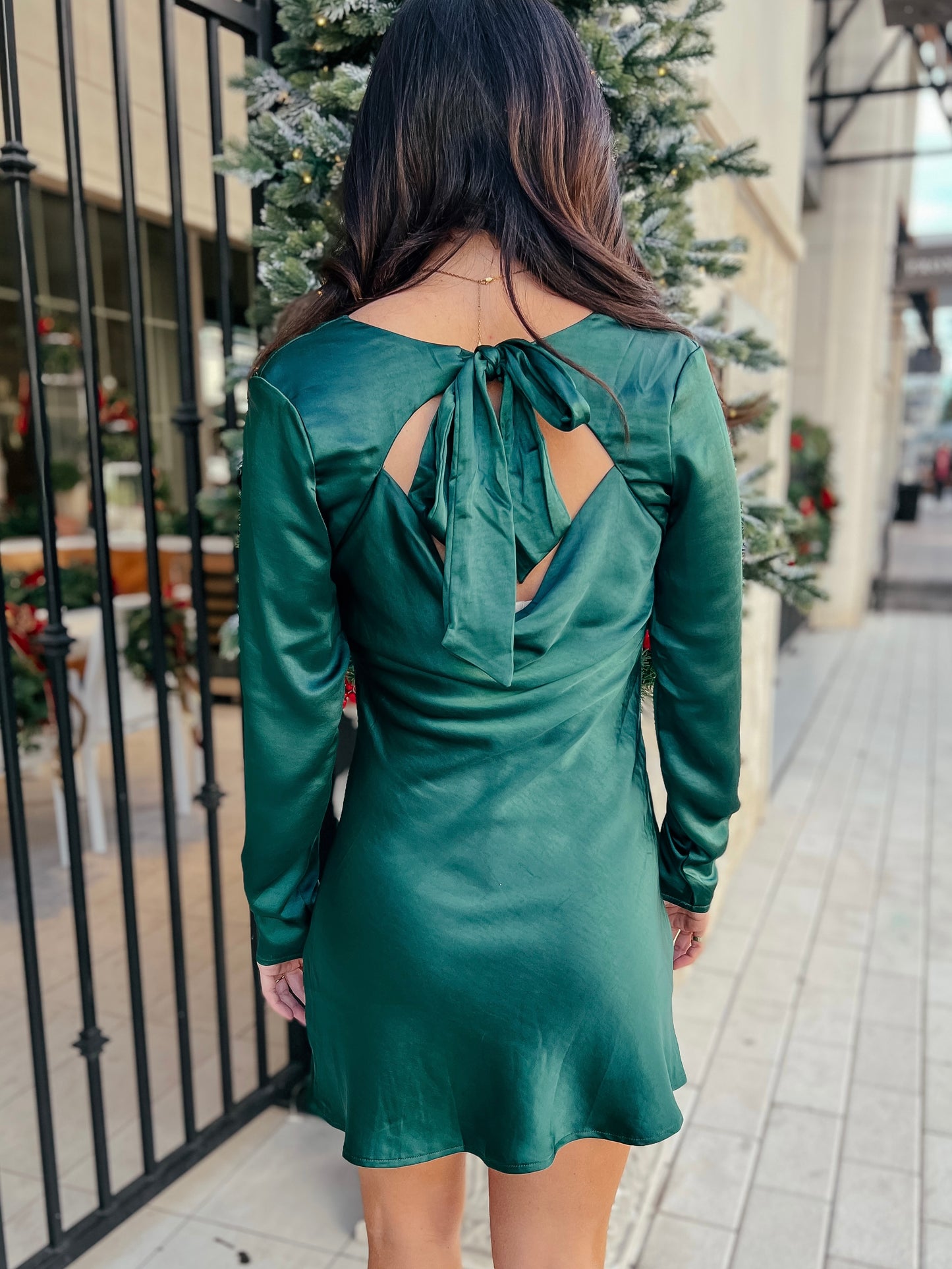 Evergreen Satin Back Bow Dress
