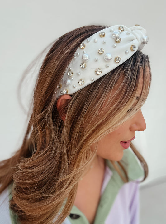 Pearl + Rhinestone Headband | White