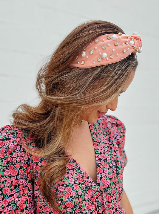 Pearl + Rhinestone Headband | Peach