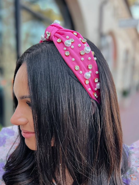 Pearl + Rhinestone Headband | Hot Pink