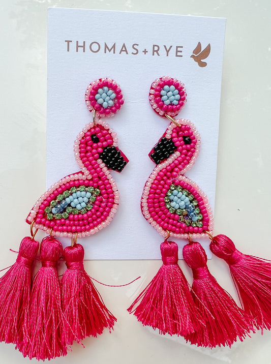 Beaded Flamingo Tassel Earrings