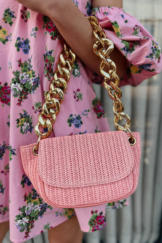 Rosy Straw + Gold Chain Clutch