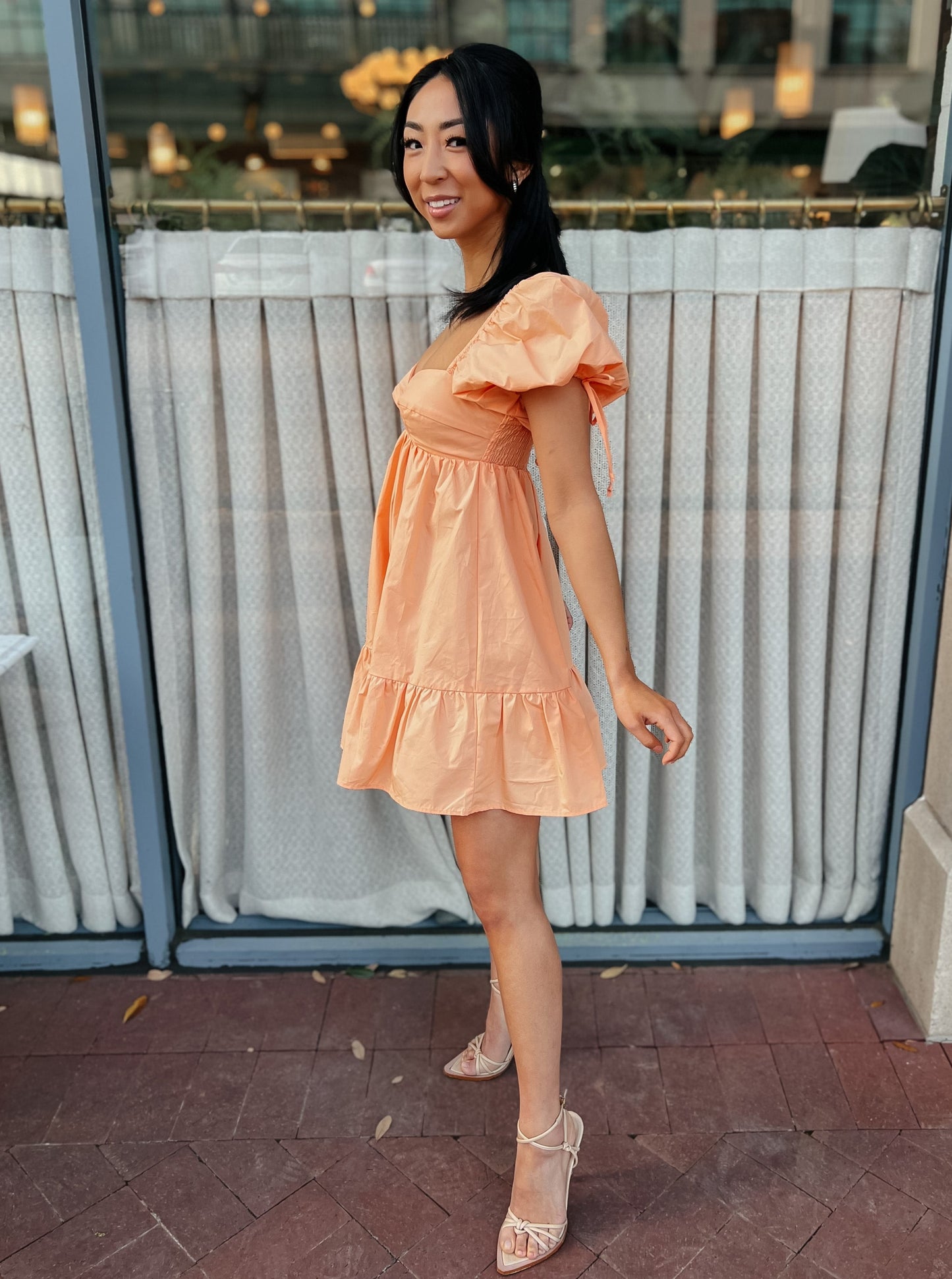 Carrot Orange Puff Sleeve Dress